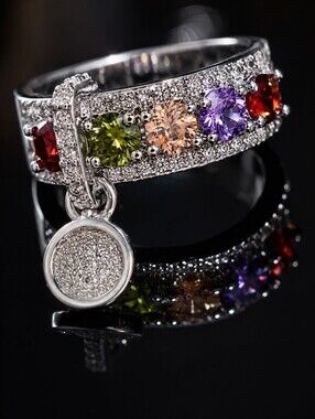 Multi-Color Gemstone Band Ring in Silver